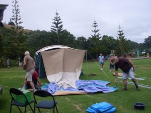 Erecting the tent.